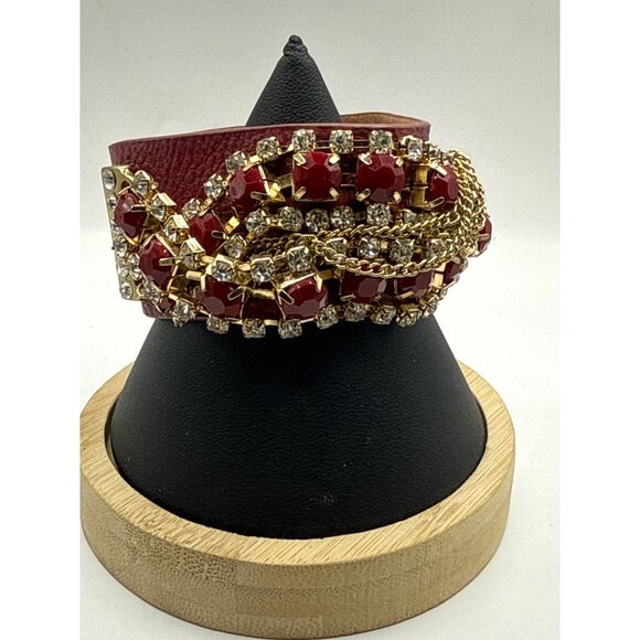 Red & Gold Chain Rhinestone Leather Snap Bracelet - Picture 1 of 7